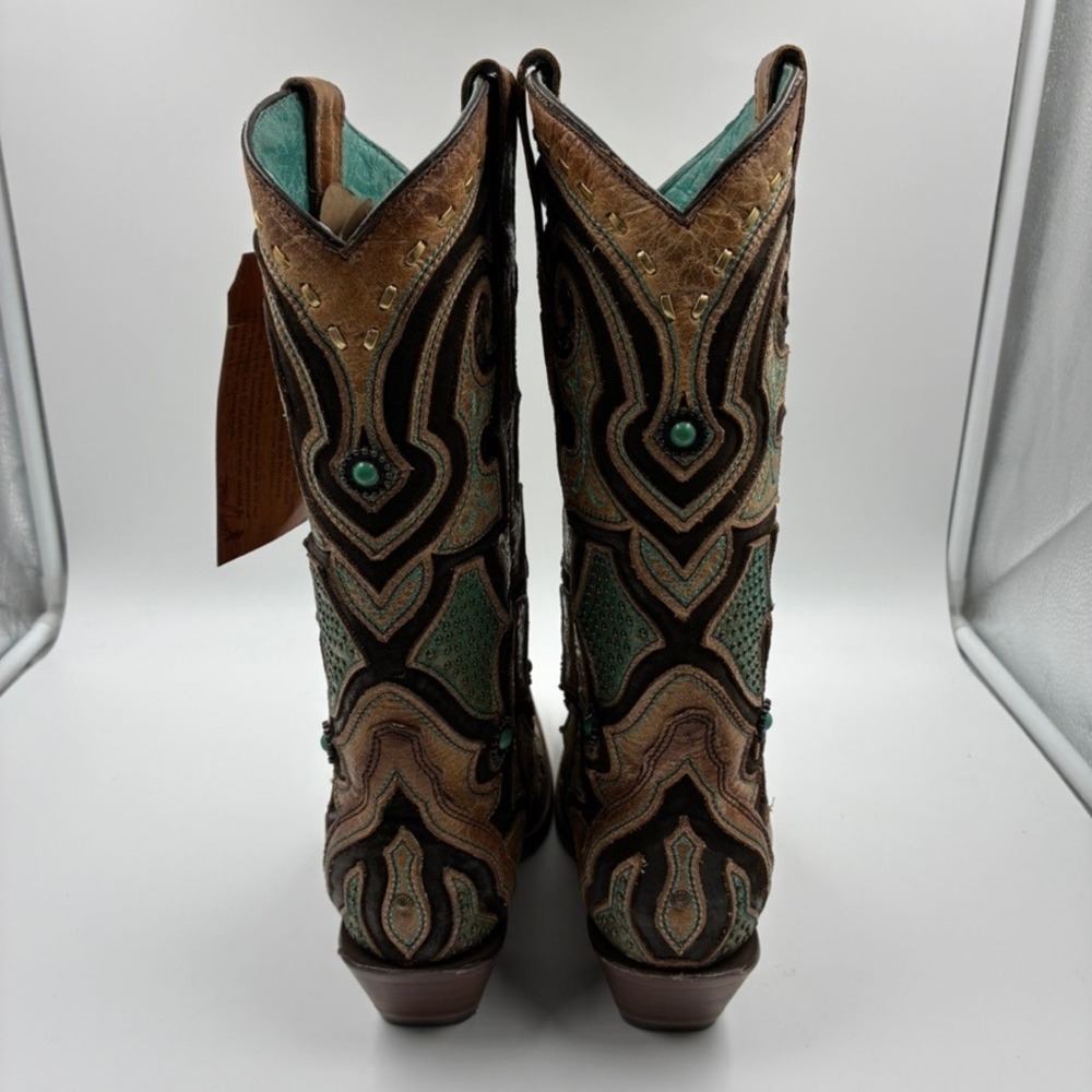 Corral Boots Women's Saddle Brown Teal Leather Inlay Western Snip Toe 6 M - Picture 13 of 16